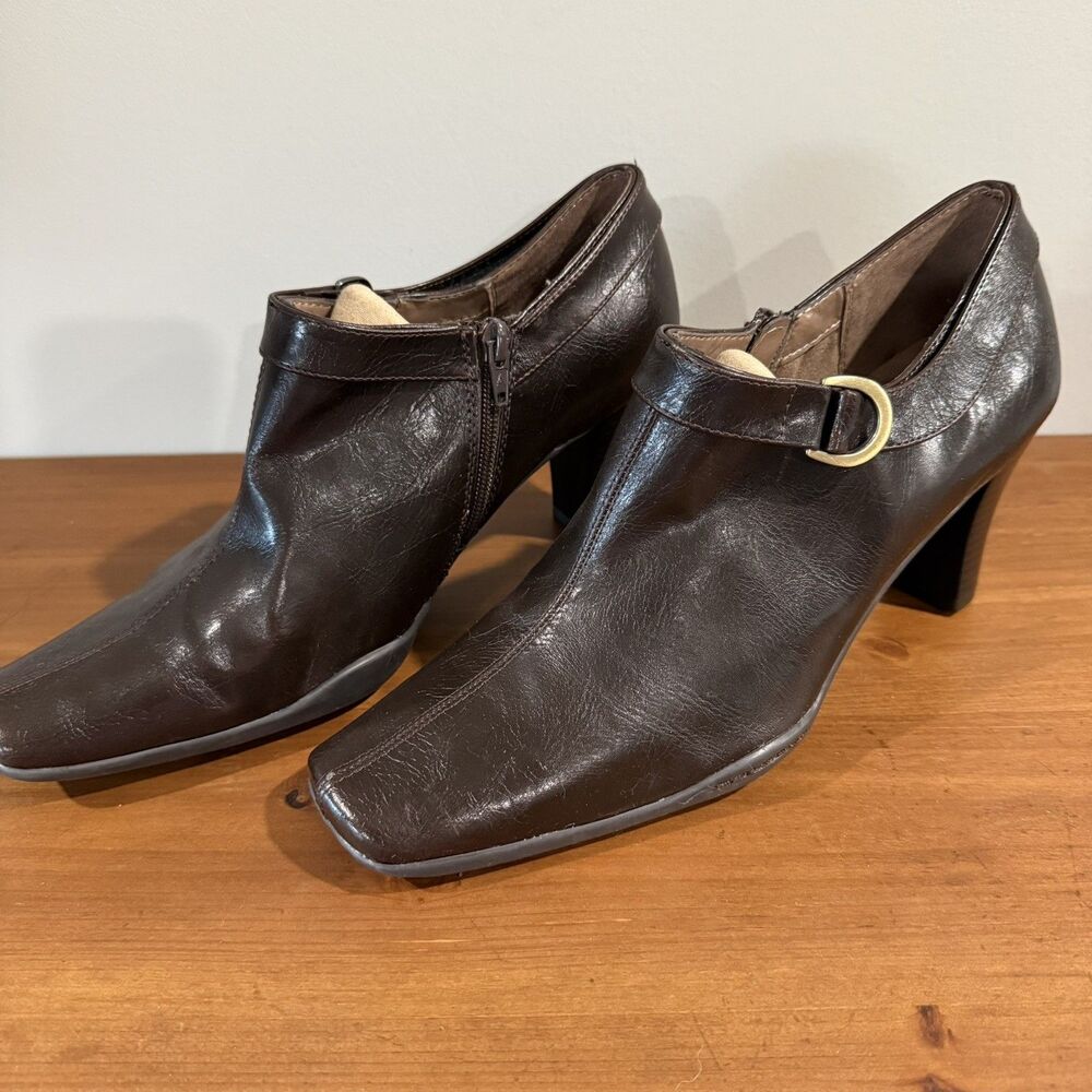 Aerosoles Women Ankle Boots Size 11 Brown Leather Block Heel Buckle Booties Zip